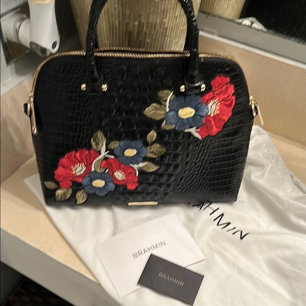 Brahmin Black Floral Embroidered Women's Bag